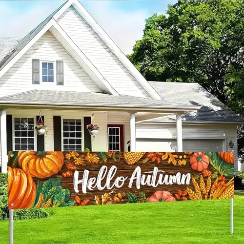 BlissYard Hello Autumn Decorations Banner 118x20 Inch Polyester Fabric Fall Harvest Outdoor Porch sign Pumpkins Leaves Design for Indoor Outdoor Garden Fence Banner Party Supplies by BlissYard