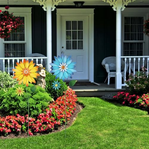 YEAHOME Garden Decor for Outside, 35.4“ Set of 2 Metal Flowers Decorative Garden Stakes for Spring Decor, Yard Art Flower Stakes for Outdoor Lawn Backyard Porch Garden Decorations (Yellow, Blue) - Image 5
