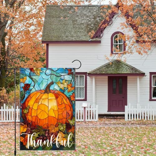 Thankful Thanksgiving Garden Flag, Fall Garden Flags for Outdoor Decor 12x18 Inch Autumn Stained Glass Pumpkin Maple Leaf Double Sided Small Burlap Outside Porch Lawn Yard Decorative Flags - Image 5