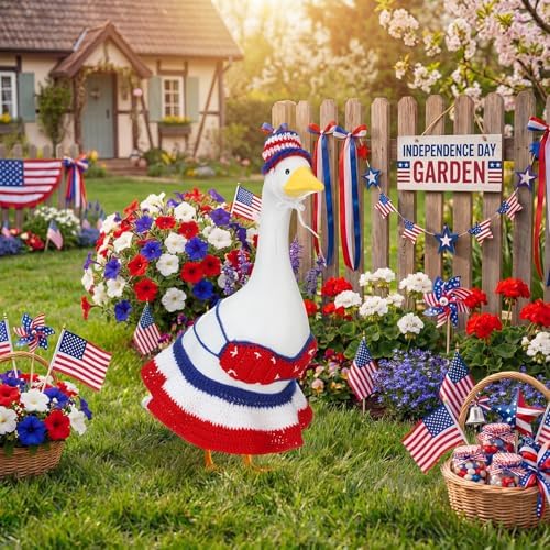 Abbylike 4th of July Bikini Porch Goose Outfit Patriotic Crochet Clothes Red White Blue Geese Summer Costume Fits 23'' Cement Statue for Independence Day Lawn 250th Outdoor Patio Art Decor - Image 4