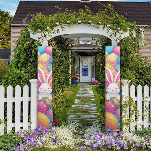 Eggs Rabbit Porch Sign Hanging Easter Outdoor Welcome Signs for Porch Decorations Door Banners for Front Door 2 Packs Outdoor Decor Banner Flag for Porch Home Yard Garden Party Decor - Image 4
