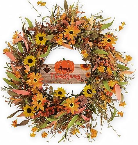 JINGHONG Fall Wreaths for Front Door 22 Inch Artificial Fall Wreath Floral Autumn Wreath for Outside Door Harvest Thanksgiving Day Celebration by JINGHONG