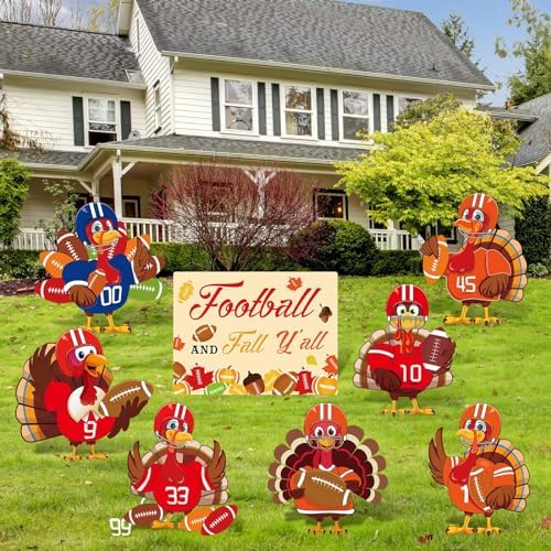 Whaline 8 Pcs Fall Football Turkey Yard Sign with Stakes Thanksgiving Turkey Theme Lawn Sign Sports Game Yard Decorations for Outdoor Autumn Party Lawn Garden Supplies - Image 7