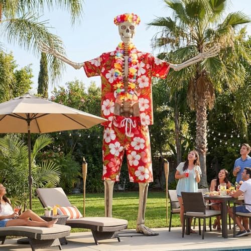 4 Pcs 12 Ft Skeleton Hawaiian Outfit Set Tropical Shirt Shorts Lei Headband - Image 7