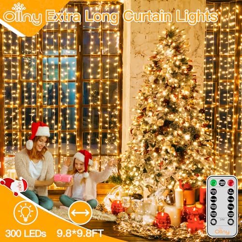 Ollny Curtain Lights 9.8ftx9.8ft, 300LED Fairy Light with Remote Warm White - Image 2
