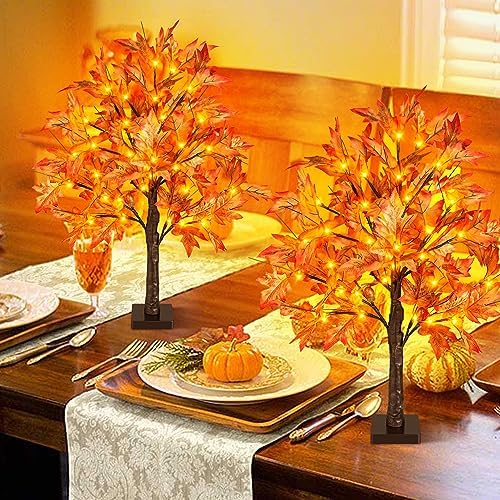 Remon 36 LED Lighted Fall Maple Tree - 2FT Thanksgiving Tabletop Lamp Decor with 72 Maple Leaves, 6 Acorns, Timer, Burlap Base, Battery Operated 24 Inch Fall Artificial Tree for Autumn Decorations - Image 5