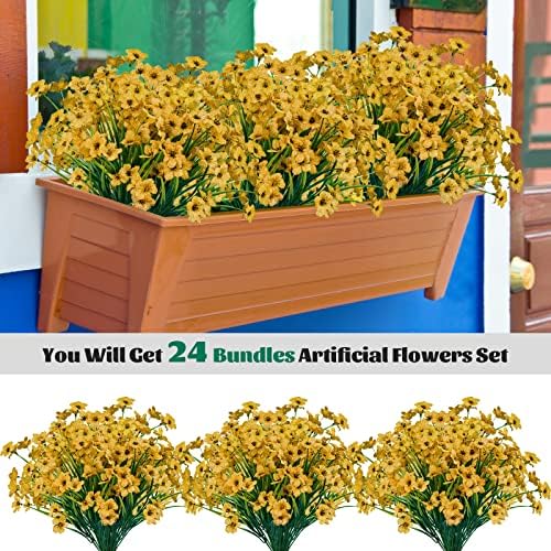 24 Pcs Artificial Flowers for Outdoor, Plastic Fake Flowers Decor, Yellow - Image 3