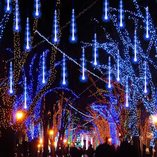 FUNPENY Meteor Shower Rain Lights, 864 LED Christmas Lights Icicle Snow Falling Christmas Lights Outdoor Raindrop Lights, 30cm 24 Tubes Xmas Tree Holiday Decoration (Blue) - Image 2