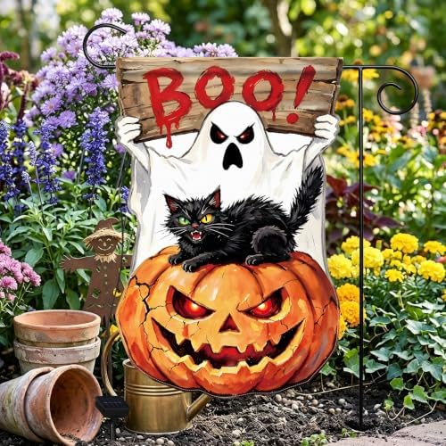 12x18 Inch Lighted Halloween Garden Flag, BOO Ghost Black Cat Pumpkin Yard Flag with Solar LED Lights, Double Sided Outdoor Halloween Decorations for Lawn Porch Garden - Image 5