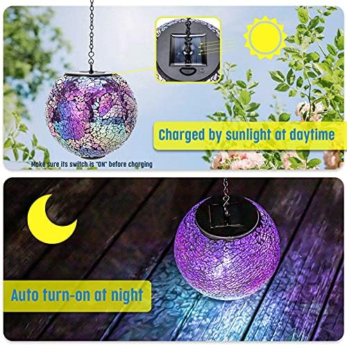 VCUTEKA Hanging Solar Lanterns Mosaic Crackle Glass Solar Lights, Purple - Image 3