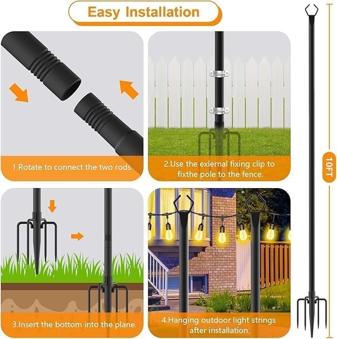 LETIANPAI 10Ft String Light Poles 6 Pack,Light Poles for Outside Lights,Outdoor with Fence Brackets Hanging Lights,Metal Stand Deck Patio Backyard - Image 7
