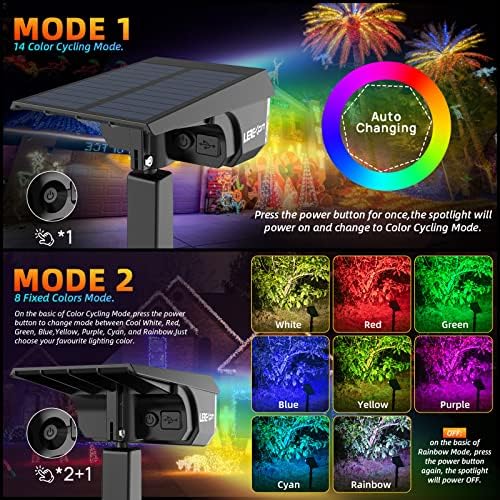 LEREKAM Color Solar Light Outdoor Waterproof Spotlights with 9 Light Modes, Color Changing Solar Outdoor Light for Halloween Decorations, Colored Spot Lights Auto On,Off, RGBW - Image 6