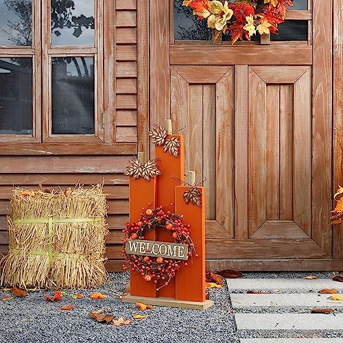 Glitzhome 30" H Farmhouse Wooden Pumpkin Sign with Wreath, Rustic Welcome Fall Porch Sign Standing Decor for Fall Harvest Autumn Thanksgiving Home or Yard - Image 7