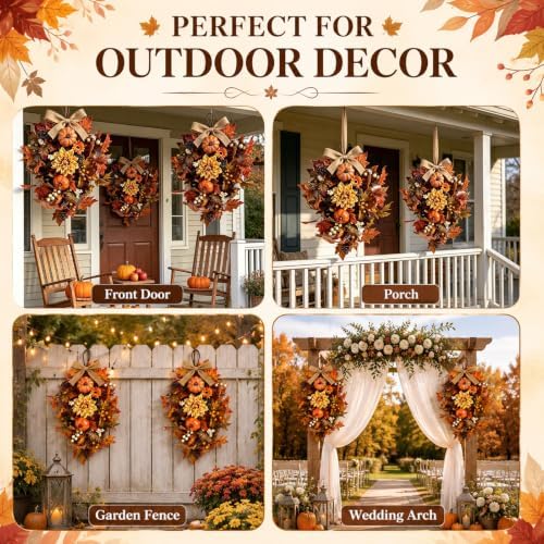 2 PCS 24'' Fall Teardrop Swags for Door Autumn Floral Pumpkins Swag Wreaths - Image 6