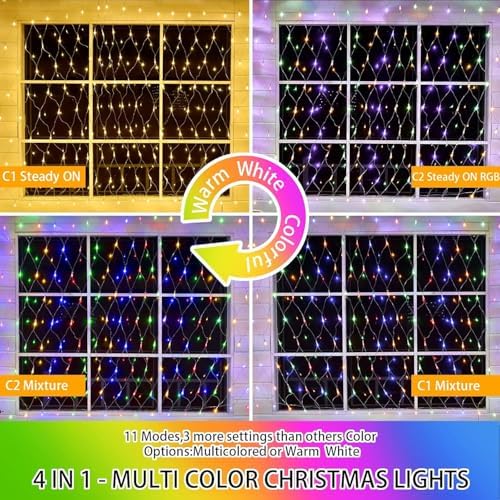 Color Change Christmas Net Lights, 9.8ft x 6.6ft 200 LED Bush Mesh with 11 Modes & Remote, Waterproof for Home, Holiday, Garden, Xmas Decor, Warm White & Multicolor - Image 3