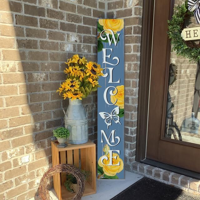 Blue Spring Summer Yellow Rose Wooden Sign 20x120cm Welcome Sign Porch Leaner Spring Decoration for Front Door Porch Yard Deck Patio Farmhouse Vertical Decorn, Spring Decor for Home - Image 3