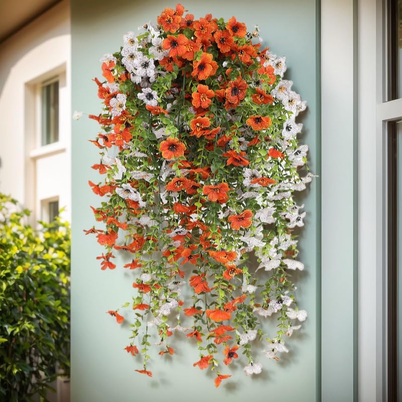 Artificial Hanging Flowers for Outdoor Spring Decoration, 4PCS Fake Silk Daisy with Eucalyptus Leaves UV Resistant Look Real Faux Flowers for Outside Porch Patio Window Box Yard Home Decor (Rose Red) - Image 2