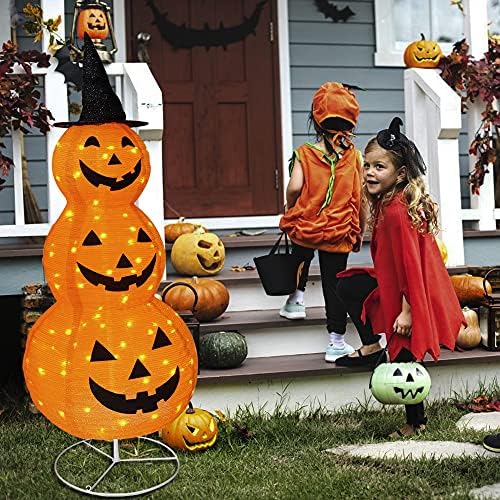 FUNPENY Halloween Collapsible Pumpkin Decorations, Pre-Lit Light Up Pumpkin with Hat, Pop Up Jack-o-Lantern with Metal Stand for Indoor Outdoor Yard Holiday Decor (5FT Pumpkin) - Image 5