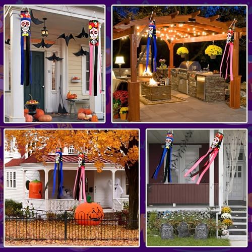 NOVWANG 2 Pcs Day of The Dead Windsocks, Dia de Los Muertos Wind Socks Day of The Dead Hanging Windsock Flag Decoration for Garden Yard Porch Backyard Patio Decor - Image 7