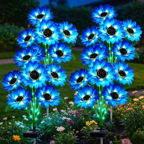 Solar Sunflower Lights Outdoor Garden Decor, 4 Pack Solar Blue Flowers Lights with 18 Sunflowers, Waterproof Fall Decor Stake Decorative Light Auto ON/Off for Garden Yard Patio, Gift for Women by stadeco