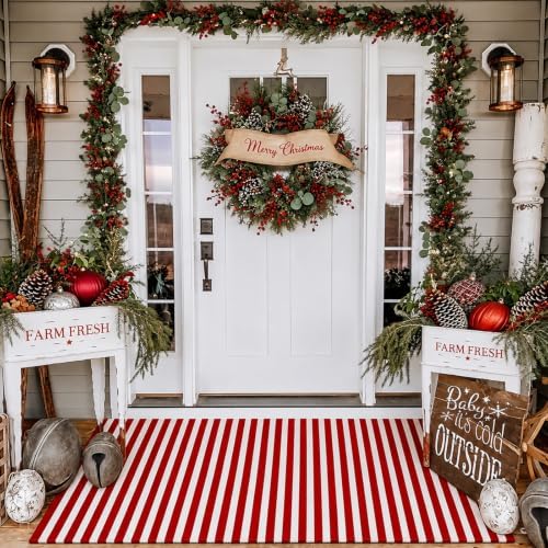 Moucuny Christmas Red and White Vertical Stripe Outdoor Rug 3' X 5' Doormat by Moucuny