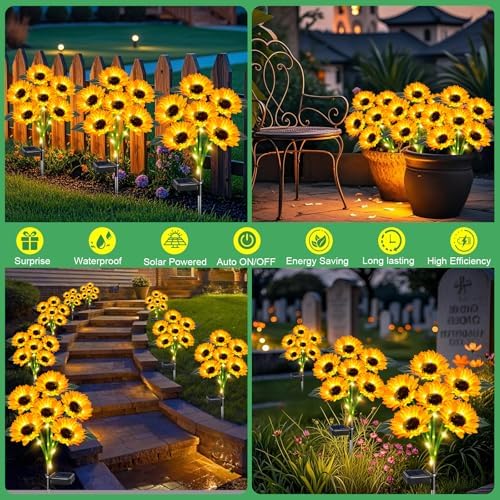 4 Pack Solar Sunflower Lights with 24 Solar Flowers Garden Decor - Image 4