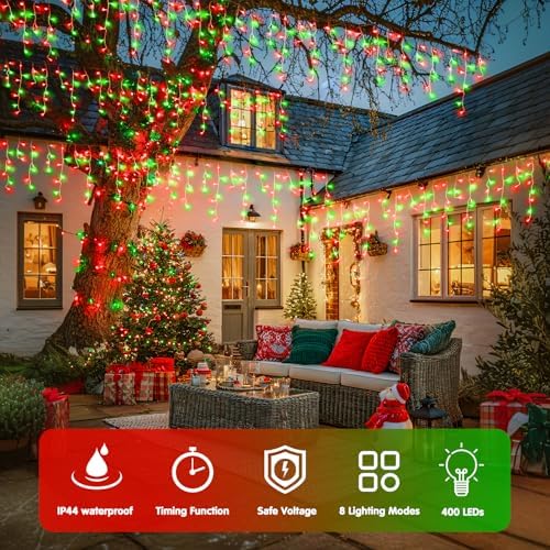 JMEXSUSS 400 LED 38.8ft Red and Green Christmas Icicle Lights Outdoor - Image 2