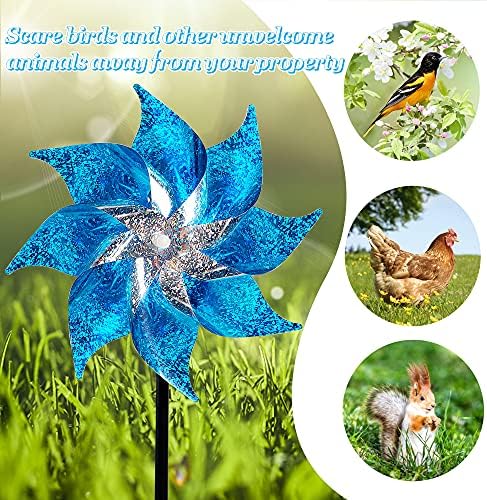 Hausse 10 Pack Reflective Pinwheels with Stakes (Assembly Required), Extra Sparkly Pin Wheel for Garden Decor, Bird Repellent Devices Deterrent to Scare Birds Away from Yard Patio Farm, Blue - Image 3