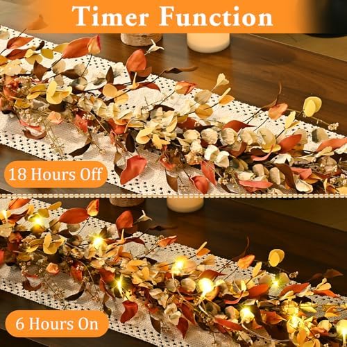 Fall Decor, Fall Garland with Lights, 9FT Autumn Eucalyptus Leaves Lighted Garland Thanksgiving Harvest Festival Decorations for Home Mantle Porch Outdoor Indoor Wedding Table Wall Arch Decor - Image 5