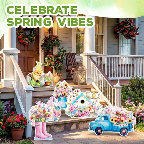 Novabright 6 Pcs Welcome Spring Porch Wood Sign Bulk Front Door 16 x 12 Inches Spring Decorations Home Rustic Wooden Decor Indoor Outdoor Yard Truck Gnome Floral Home Garden - Image 4