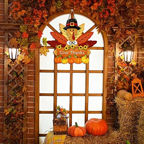 Thanksgiving Turkey Door Sign Decor, Wooden Wreath for Front Door Hanger, Yard Farmhouse Home Gobble Sign Give Thanks, Rustic Autumn Harvest Sunflowers Pumpkins Thanksgiving Party Decorations - Image 6