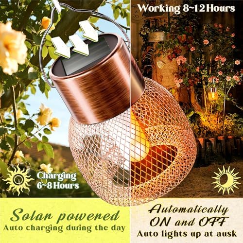 Anordsem Solar Hanging Lights Outdoor: 4 Metal Mesh Flame Lanterns with Clip - Waterproof LED Warm Lighting for Tree Yard Garden Xmas DIY Decor - Christmas Gifts for Homeowners Camper - Image 2