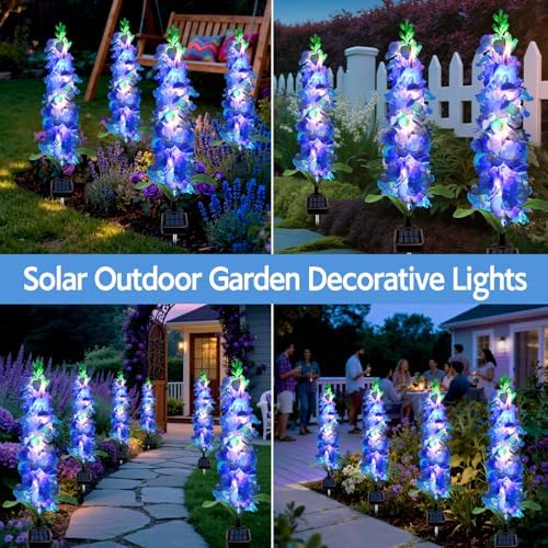 MRHEPHAESTUS Solar Garden Lights, Solar Blue Delphinium Flowers Lights 4 Pack 80 LEDs, Waterproof Outdoor Light Two Lighting Modes for Outside Wedding Party Garden Yard Patio Lawn Decor - Image 6
