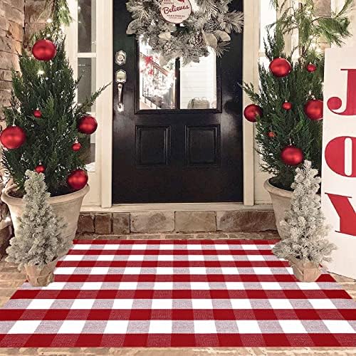 Christmas Red and White Plaid Rug, 4' x 6' Cotton Hand-Woven Layered Door Mat for Front Porch, Entryway, Outdoor Holiday Decor, Washable Buffalo Check Rug for Home, Patio, Kitchen - Image 6