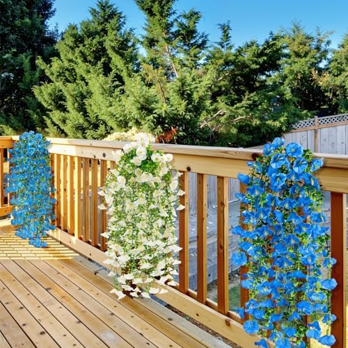 6 Pcs Blue Artificial Hanging Flowers, 30 Inch Blue Morning Glory Vines UV Resistant Fake Hanging Plants Silk Hanging Flowers for Outdoor Garden Patio Window Box Coastal Summer Decor - Image 6