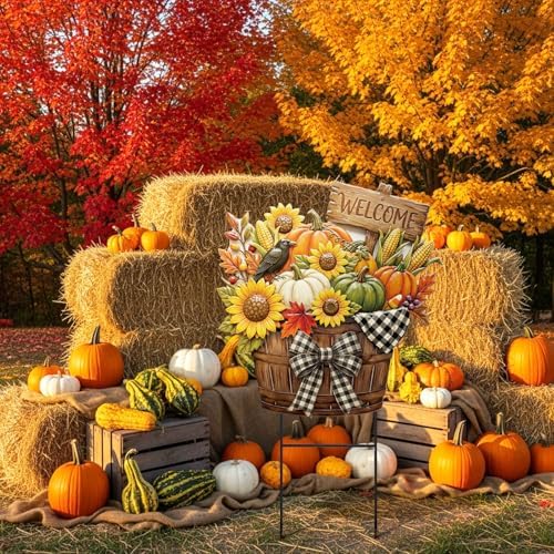 Amyhill Fall Outdoor Decor, Pumpkin Metal Garden Stakes 25 Inch Autumn Sunflowers Basket Welcome Yard Signs Rustic Fall Decorations for Outdoor Harvest Welcome Decorative Patio Lawn Walkway Decor - Image 4