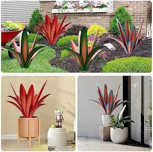 TOMBABY Enlarge Thickened Wind Resistant Metal Agave Garden Art Metal Plant Country Garden Sculpture Statue Outdoor Decoration Agave Metal Plant Courtyard Lawn Ornament Gift (2, 12 Leaves Green) - Image 3