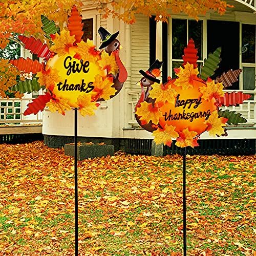 Juegoal Set of 2 Turkey Garden Stakes Thanksgiving Decor, 36 Inch Metal Fall Turkeys Yard Stakes, Give Thanks & Happy Thanksgiving Yard Signs Ornaments for Outdoor Lawn Pathway Patio by Juegoal