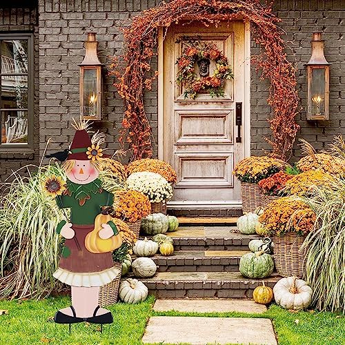 YEAHOME Outdoor Fall Decor, Metal Girl Scarecrow Garden Stakes with Sunflowers & Pumpkin for Fall Decorations, Scarecrow Yard Signs for Outside Garden Lawn Porch Thanksgiving Decorations Outdoor - Image 2