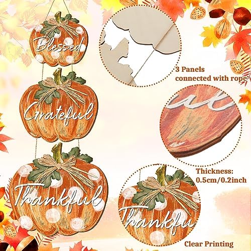 Huwena Fall Thanksgiving Home Decorations, Pumpkin Door Decor, Wooden - Image 3
