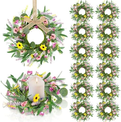 12 Pcs 3inch Spring Summer Artificial Flowered Wreath Mini Floral Wedding Candle Rings Wreaths Kitchen Cabinet Swags Wreath Pillar Candle Holder for Wedding Spring Summer Home Door Tabletop Decoration by Unknown