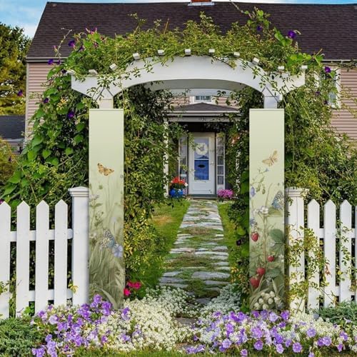 Butterfly Front Door Hanging Banner Strawberry Flower Spring Porch Sign Hanging Flag Porch Sign for Front Door Outdoor Seasonal Holiday Wedding Yard Decor Farmhouse Indoor Wall Backdrop - Image 4