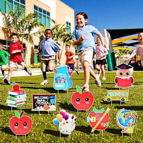 10-Piece Set Back to School Yard Signs with Stakes, Assorted Apple, Owl, and School Bus Designs for Outdoor Garden and Lawn Decoration, 11.7 x 11.8 Inches Plastic Signs for Welcome School Party Favor - Image 5