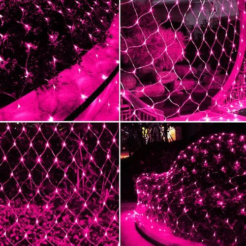 Net Light Outdoor Mesh Christmas Decorations, 100LED String Light Plug in Connectable Tree Warp Hanging 5ft x 5ft for Halloween, Shrubs, Lawn, Backyard, Walkway, Bushes, Garden Decor-Pink - Image 2