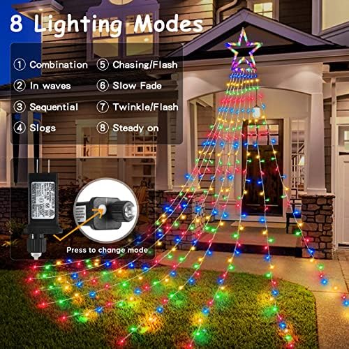 BlcTec Outdoor Christmas Decorations 317 LEDs Christmas Lights with 9 Strands 11.9ft Waterfall Christmas Tree Lights, 8 Modes, Waterproof, Topper Star & Timer for Yard Patio Xmas Décor, Multicolor - Image 5