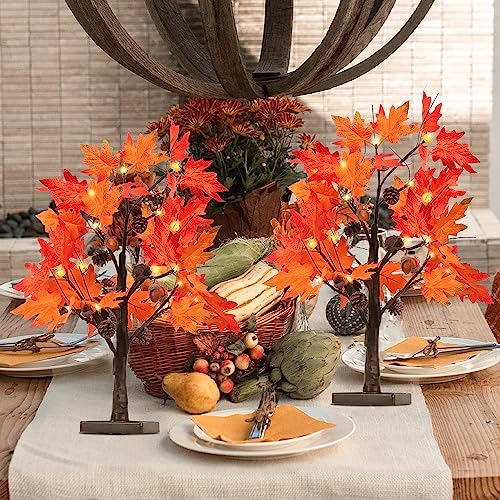 YEAHOME Fall Decorations for Home, 2 Pack 24”/2FT Lighted Fall Maple Leaves Tree with Warm White LEDs Autumn Decor, Pine Cone, Acorn Ornaments Battery Powered Timer for Thanksgiving - Image 5