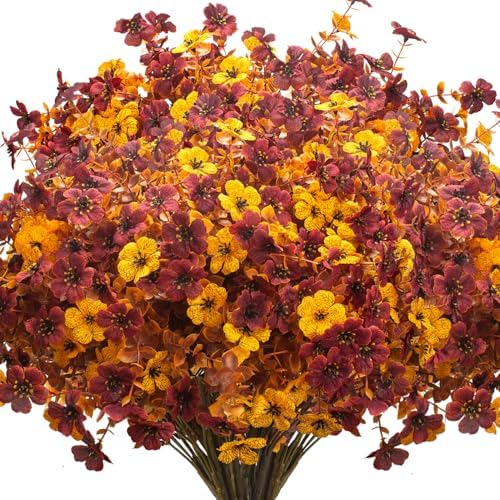 Grunyia 16 Bundles Artificial Fall Mums with Eucalyptus, Faux Daisy UV Resistant Outdoor Decor - Autumn Orange Flowers for Front Door Porch Planter, Patio, Thanksgiving Christmas (Fall Yellow&Red) by Grunyia