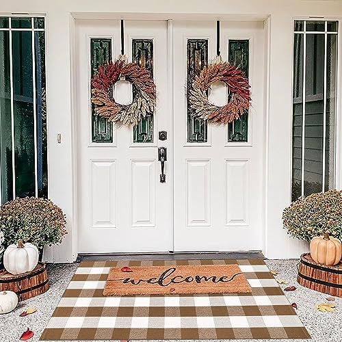 Bottalive Buffalo Plaid Outdoor Rugs, 3'x5' Brown and White Checkered Indoor/Outdoor Area Rug, Layering Rug for Hello/Welcome Door Mat, Washable Cotton Woven Farmhouse Mat for Fall Front Porch Décor - Image 3