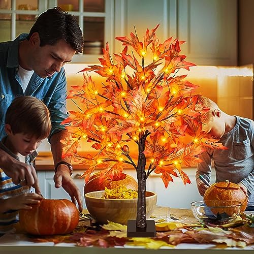 24 Inch Lighted Maple Tree with 36 Lights, 72 Leaves, 6 Acorn, Timer Battery Operated Tabletop Artificial Fall Tree for Thanksgiving Harvest Home Decor, Fall Table Centerpiece Decorations - Image 7