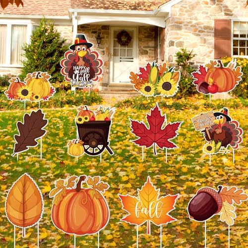 Amyhill 12 Pcs Outdoor Thanksgiving Decoration Thanksgiving Yard Sign with Stakes Fall Turkey Pumpkin Maple Lawn Signs for Outside Garden Patio Home Harvest Party Supplies - Image 3